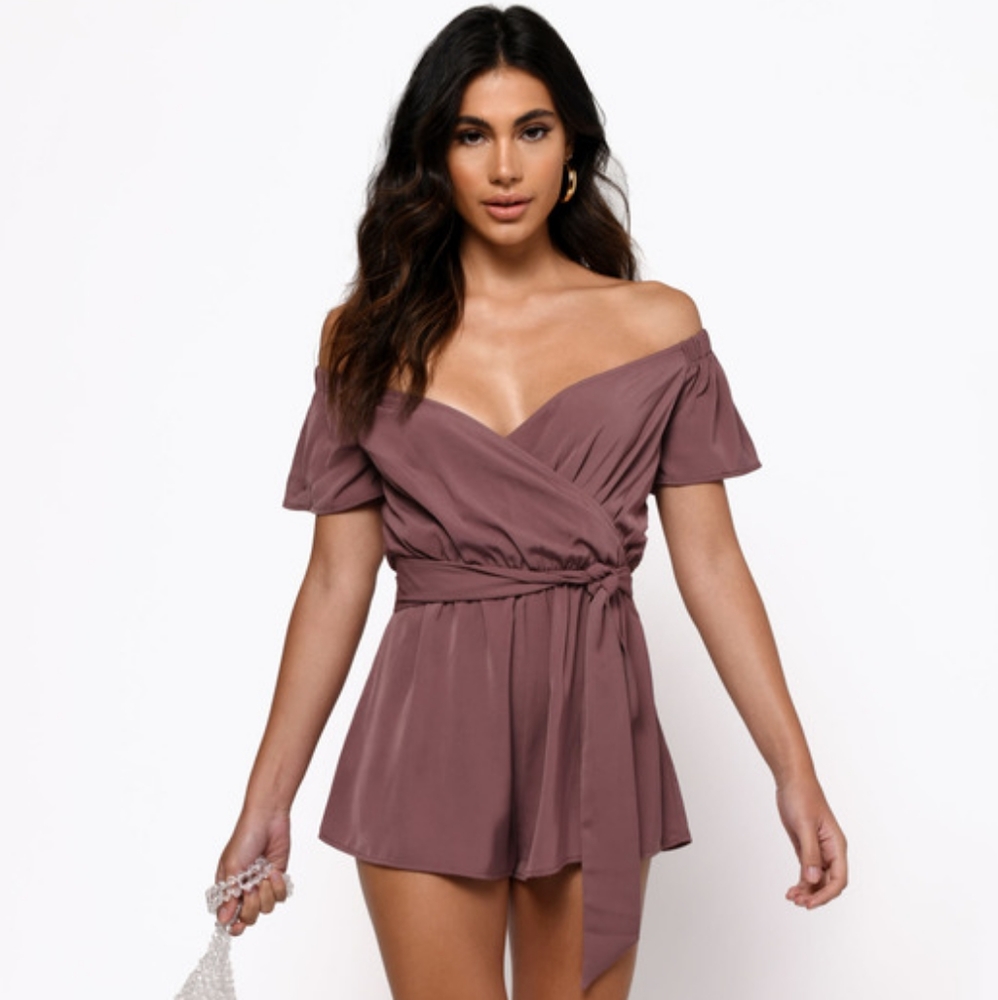 Tobi Dark Rose off the shoulder Wrap Romper